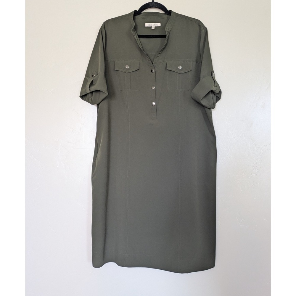 TravelSmith Womens XL Olive Green Snap Front Travel Dress Zip Pockets #25200